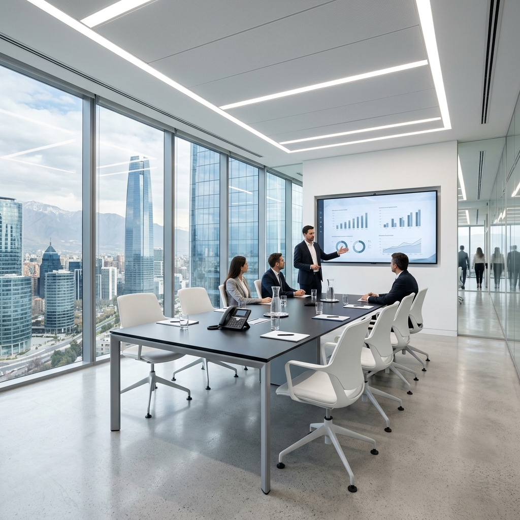 Sala de reuniones corporativa con vista panorámica de Santiago en TNA Office